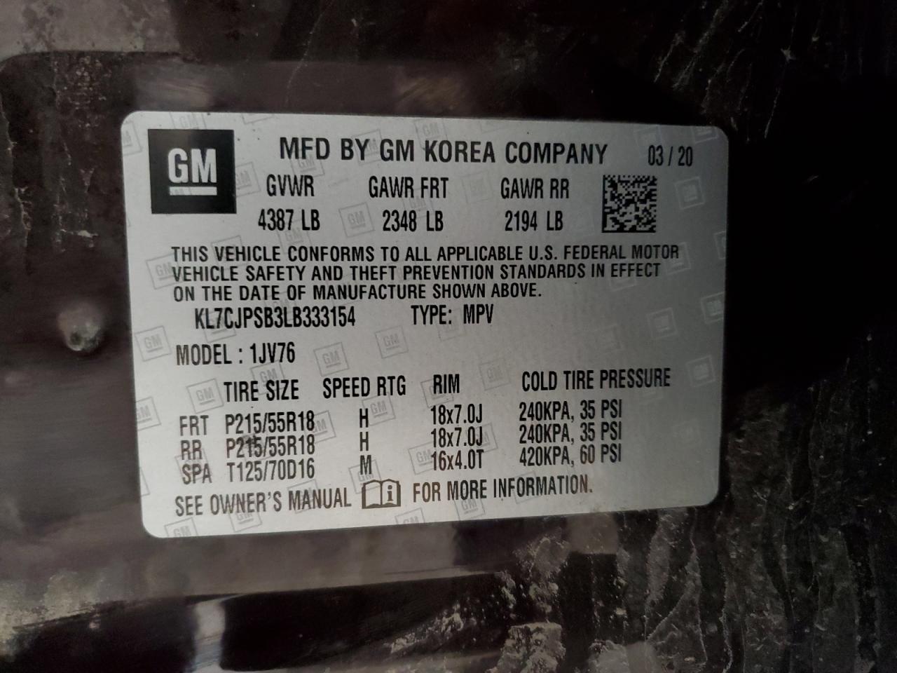 2020 Chevrolet Trax 1Lt VIN: KL7CJPSB3LB333154 Lot: 87191285