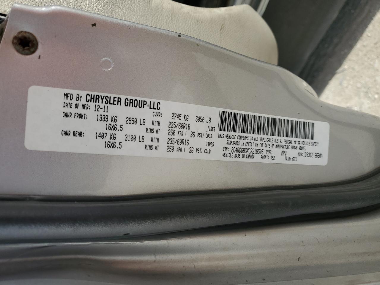 2012 Dodge Grand Caravan Se VIN: 2C4RDGBGXCR218505 Lot: 82674855