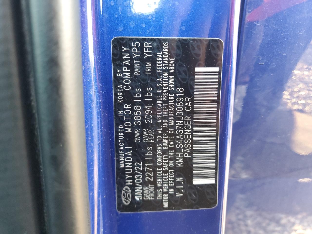 2022 Hyundai Elantra Sel VIN: KMHLS4AG7NU308918 Lot: 86294755