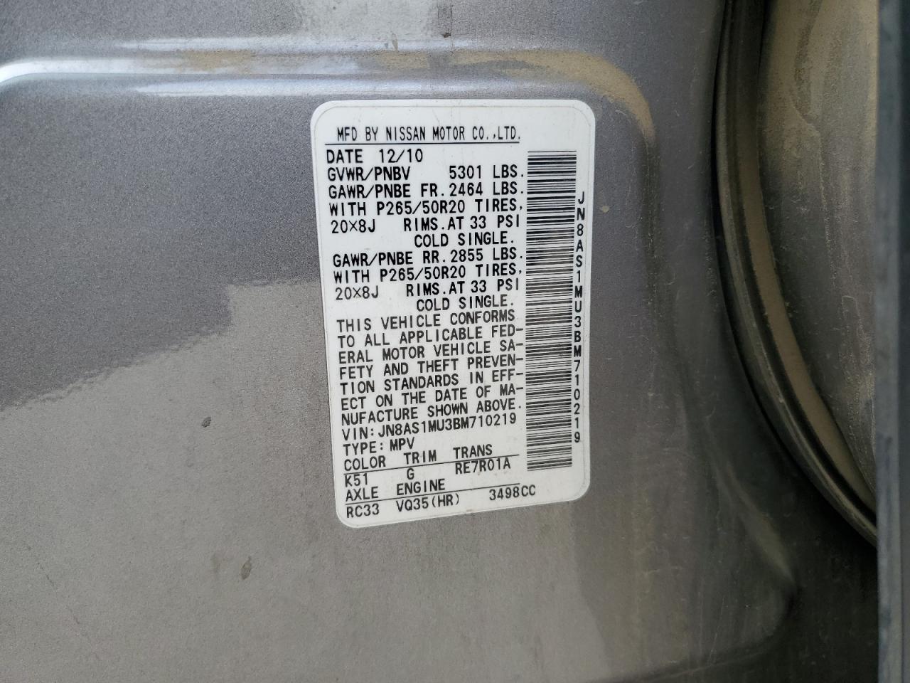 2011 Infiniti Fx35 VIN: JN8AS1MU3BM710219 Lot: 81986785