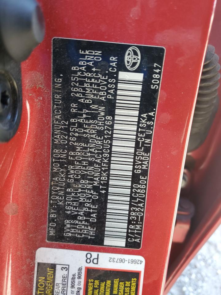 2012 Toyota Camry Se VIN: 512768 Lot: 85139175