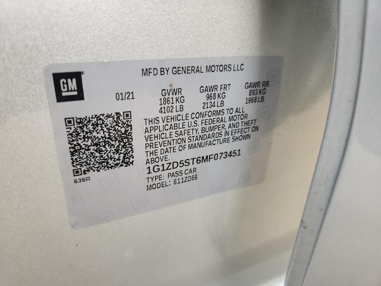 2021 Chevrolet Malibu Lt VIN: 1G1ZD5ST6MF073451 Lot: 82195545