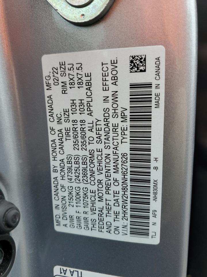 2022 Honda Cr-V Exl VIN: 2HKRW2H80NH627626 Lot: 85578475