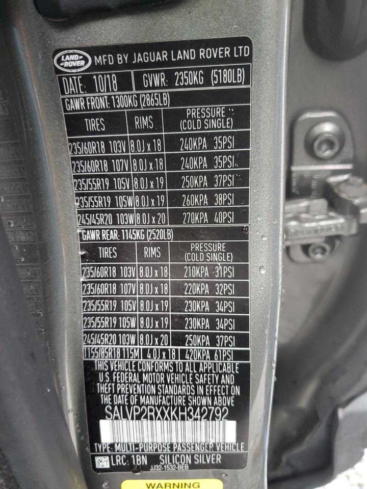 2019 Land Rover Range Rover Evoque Se VIN: SALVP2RXXKH342792 Lot: 90248735