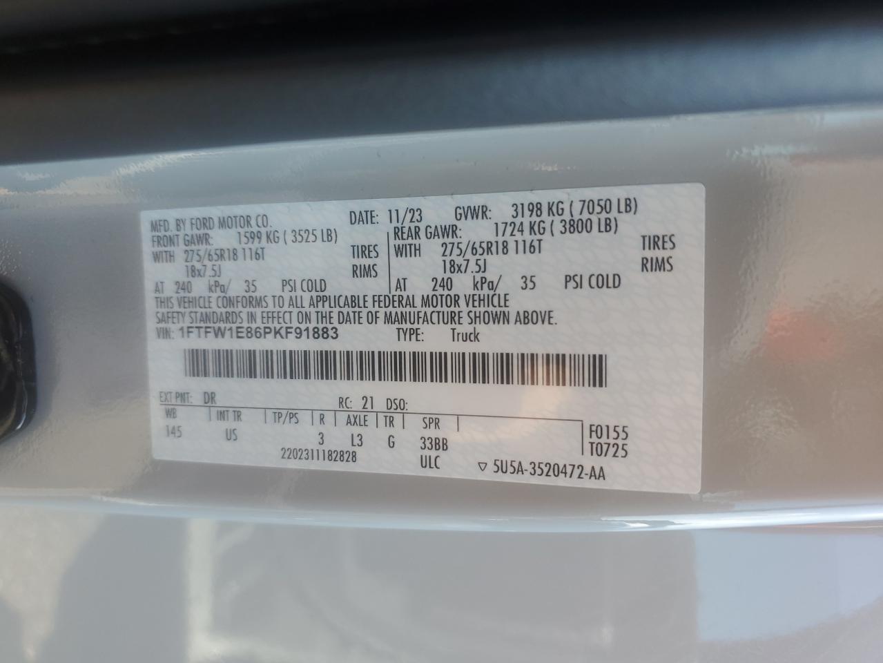 2023 Ford F150 Supercrew VIN: 1FTFW1E86PKF91883 Lot: 85820395