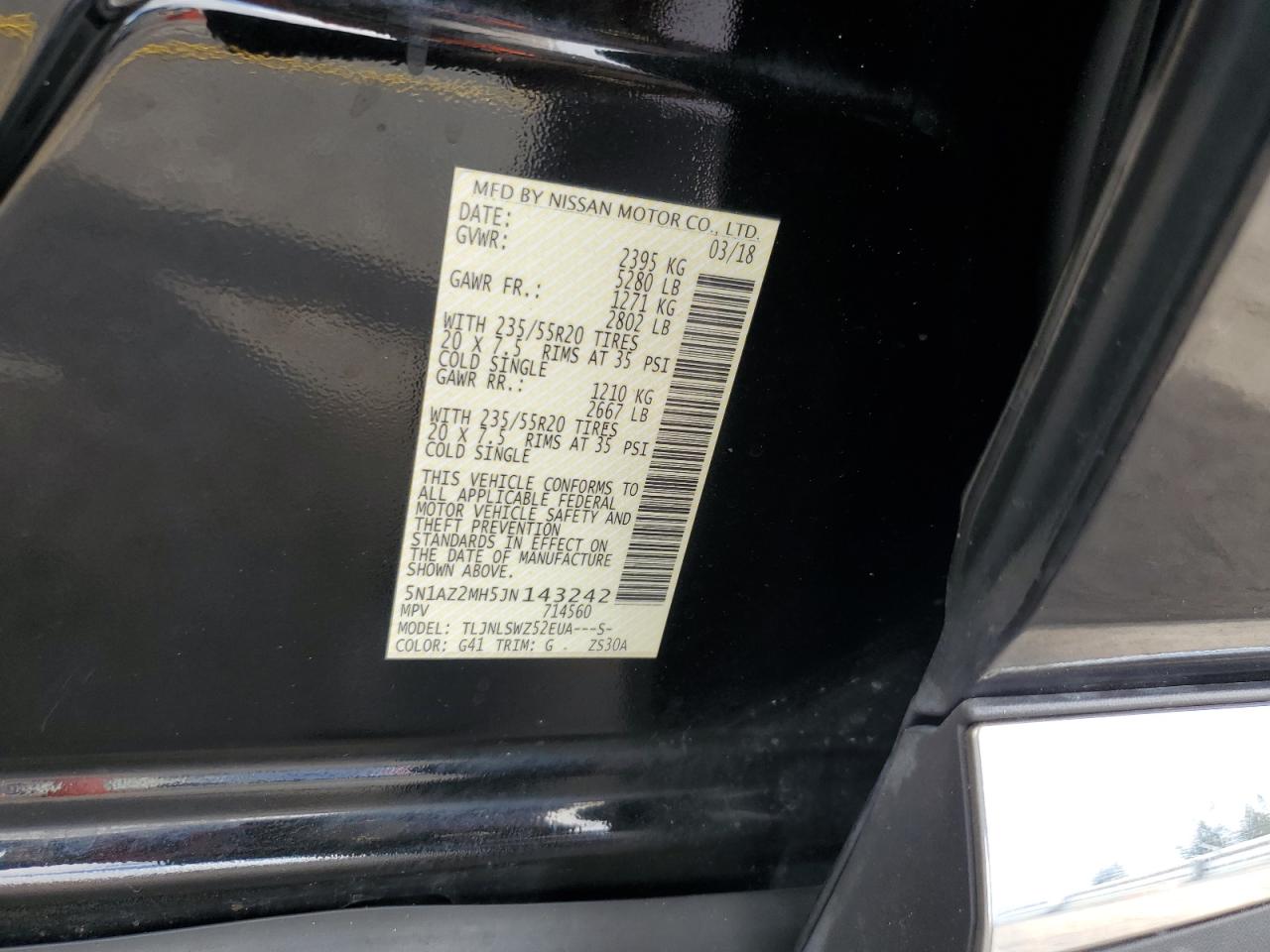 2018 Nissan Murano S VIN: 5N1AZ2MH5JN143242 Lot: 85529535