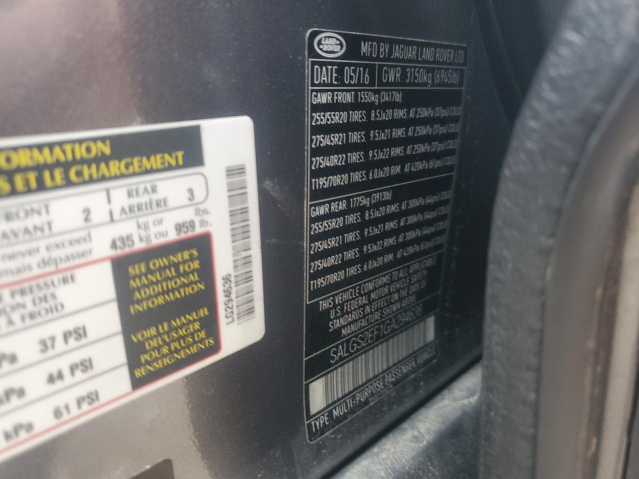 2016 Land Rover Range Rover Supercharged VIN: SALGS2EF1GA294636 Lot: 89565425