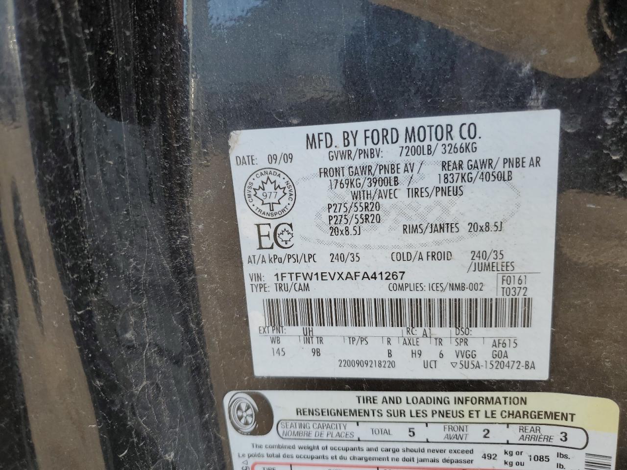 2010 Ford F150 Supercrew VIN: 1FTFW1EVXAFA41267 Lot: 81589105