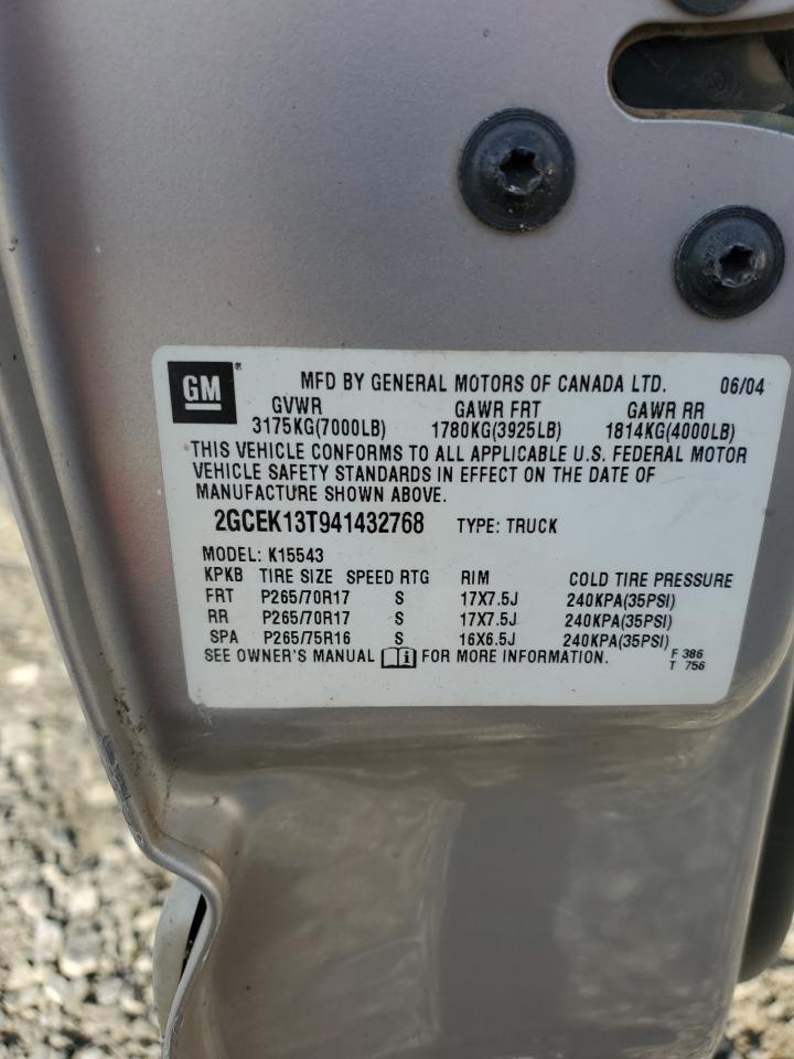 2004 Chevrolet Silverado K1500 VIN: 2GCEK13T941432768 Lot: 85738025