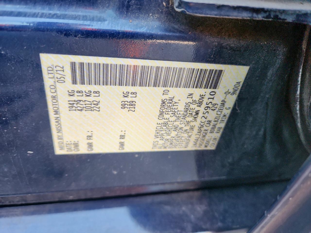 2012 Nissan Altima Base VIN: 1N4AL2AP6CC259510 Lot: 85758465