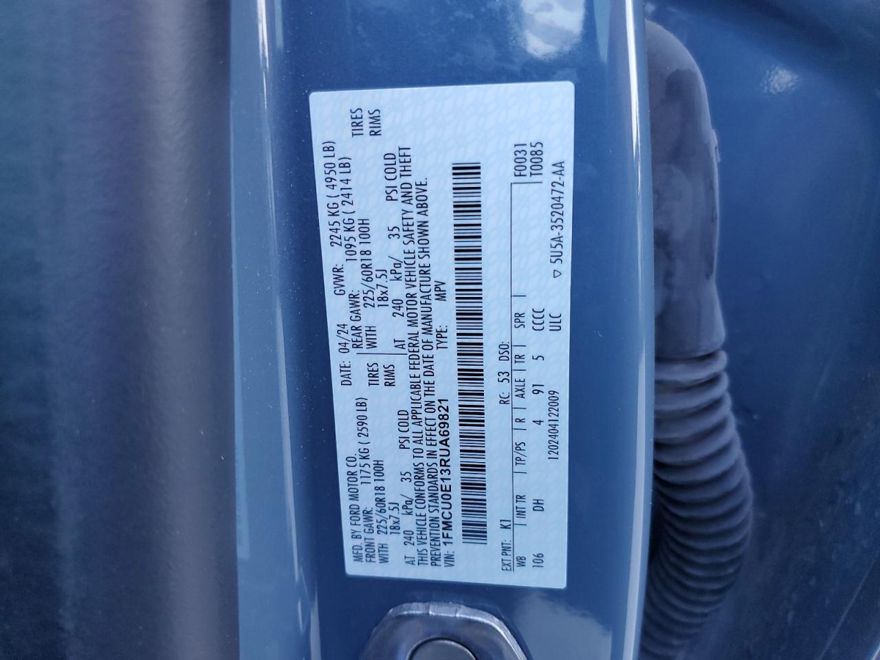 2024 Ford Escape VIN: 1FMCU0E13RUA69821 Lot: 84788485