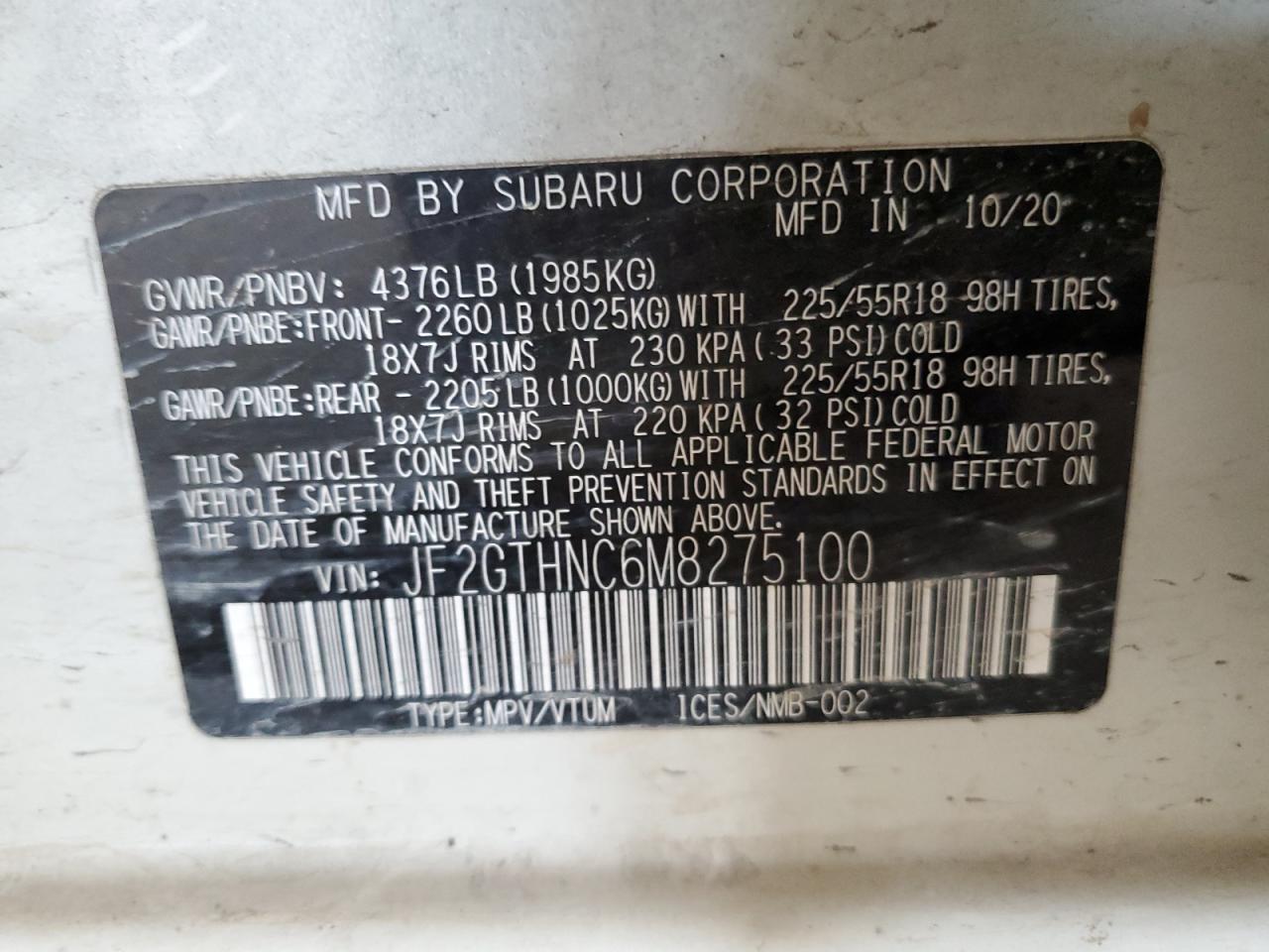 2021 Subaru Crosstrek Limited VIN: JF2GTHNC6M8275100 Lot: 85602555