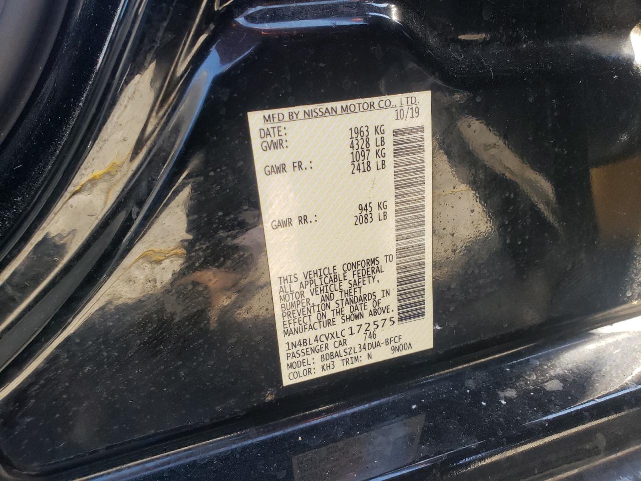 2020 Nissan Altima Sr VIN: 1N4BL4CVXLC172575 Lot: 85332825