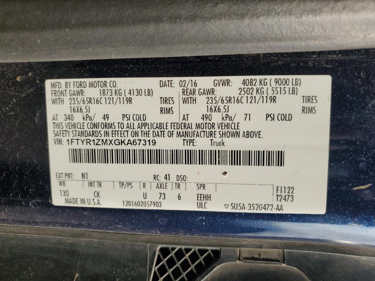 2016 Ford Transit Cargo Van T- VIN: 1FTYR1ZMXGKA67319 Lot: 86132175