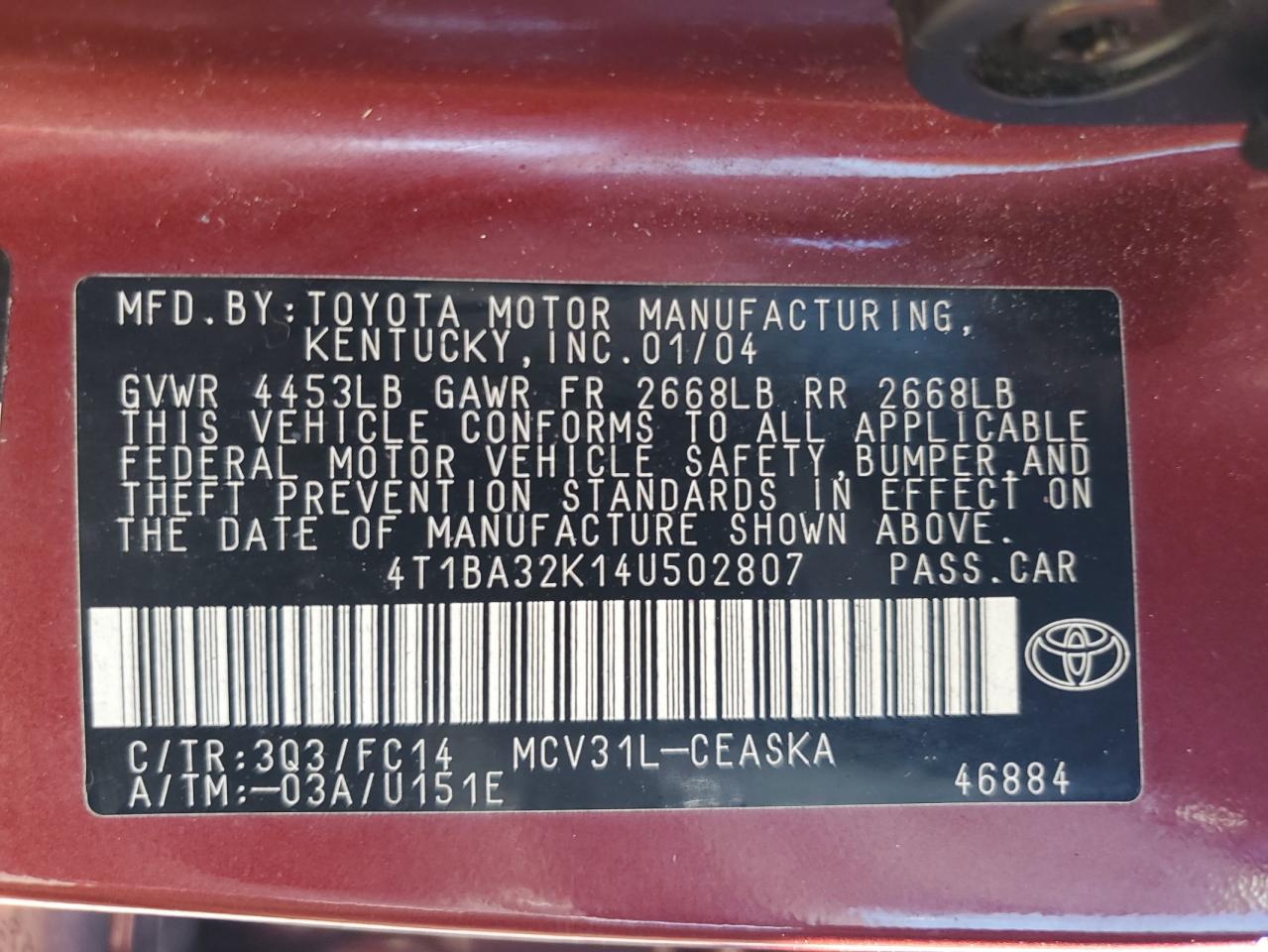 2004 Toyota Camry Se VIN: 4T1BA32K14U502807 Lot: 85197695