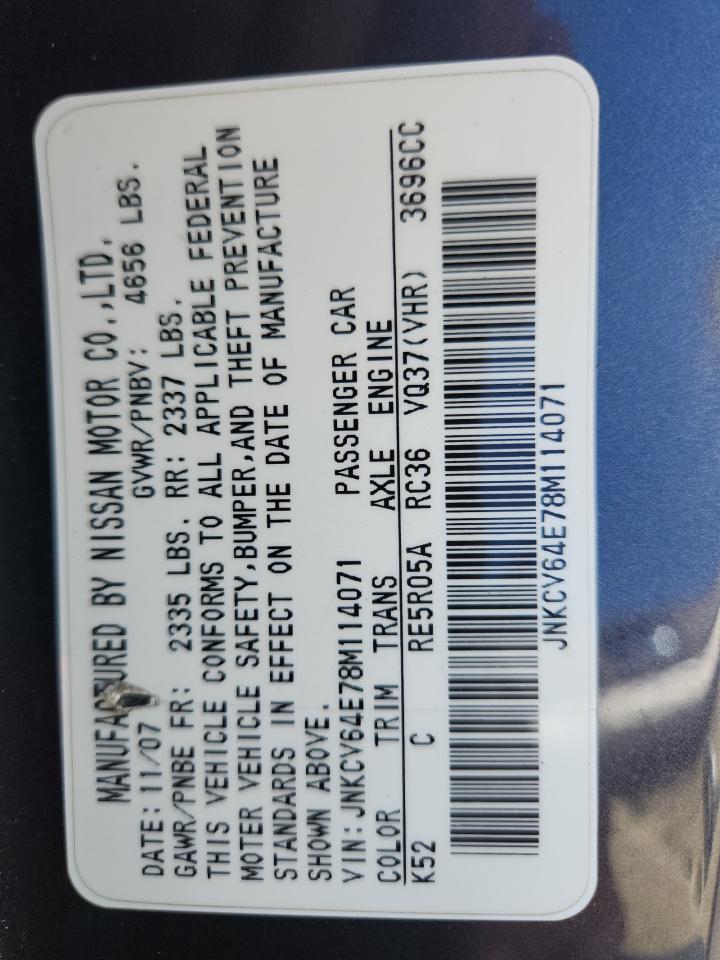 2008 Infiniti G37 Base VIN: JNKCV64E78M114071 Lot: 87221225