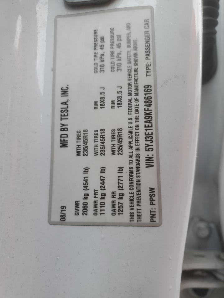 2019 Tesla Model 3 VIN: 5YJ3E1EA9KF486169 Lot: 86450525