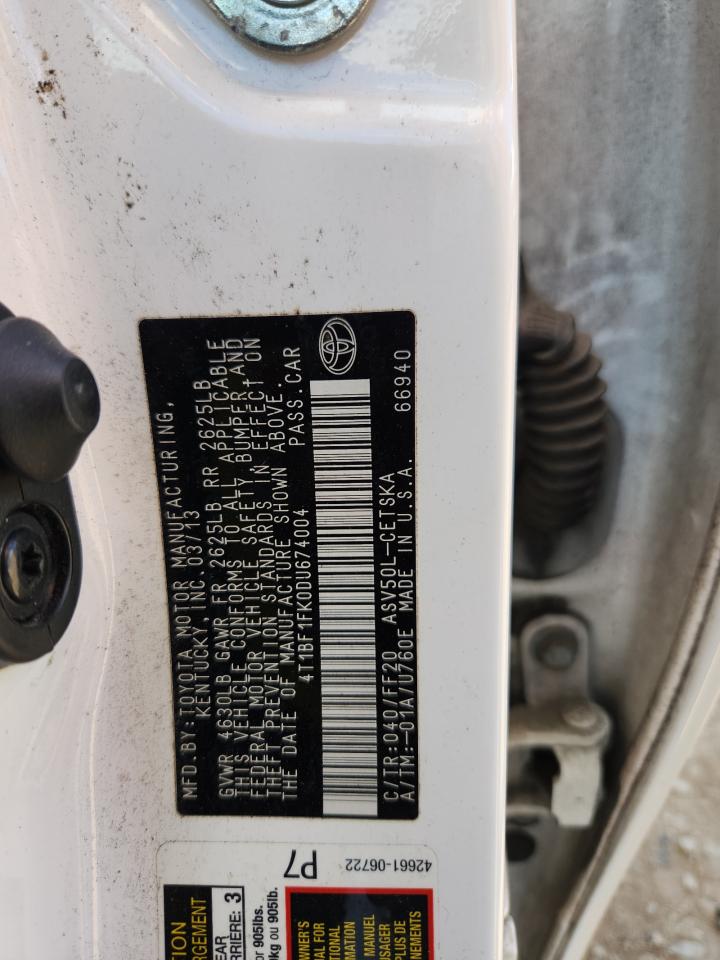 2013 Toyota Camry L VIN: 4T1BF1FK0DU674004 Lot: 84193675