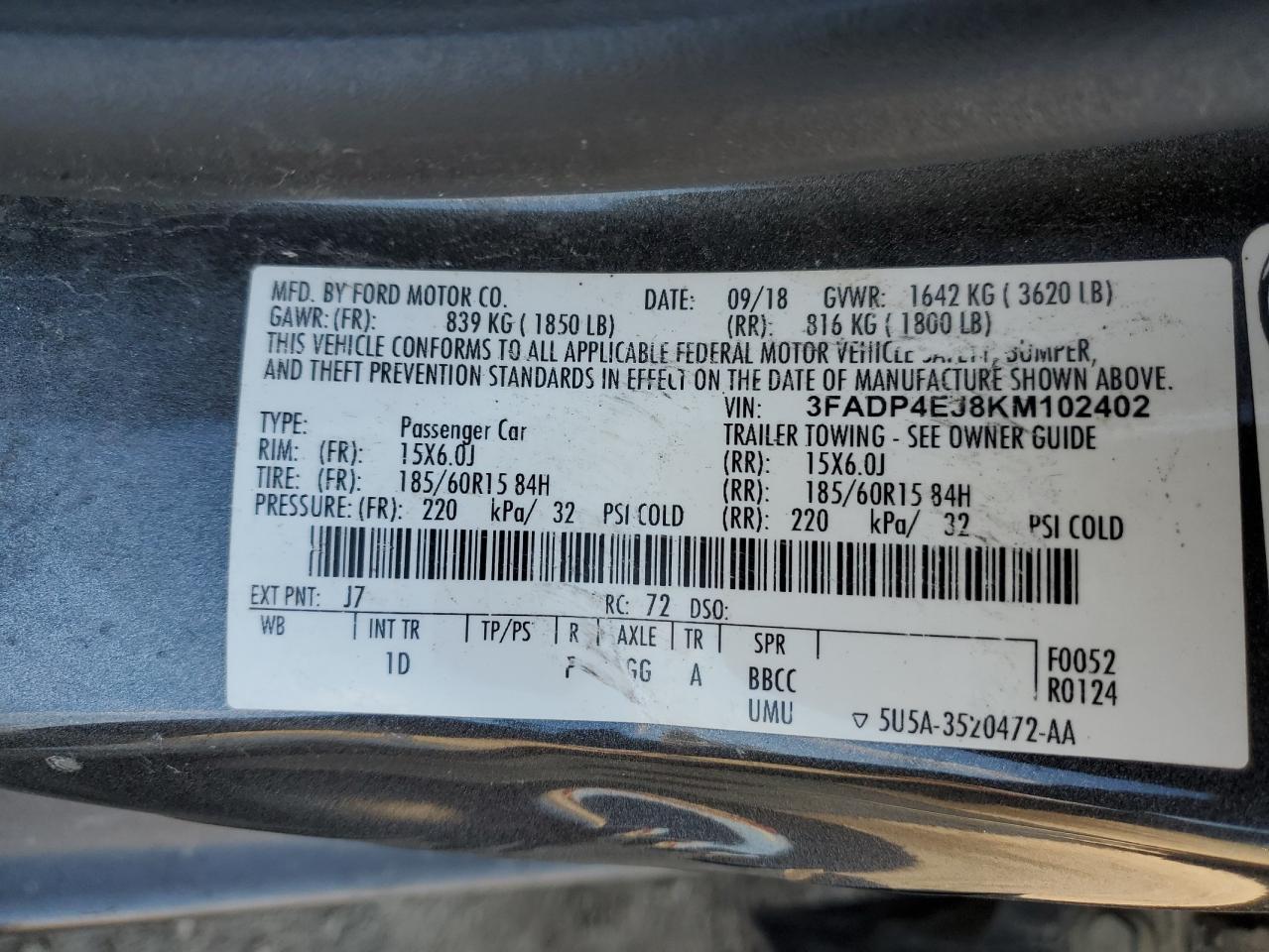 2019 Ford Fiesta Se VIN: 3FADP4EJ8KM102402 Lot: 90992275