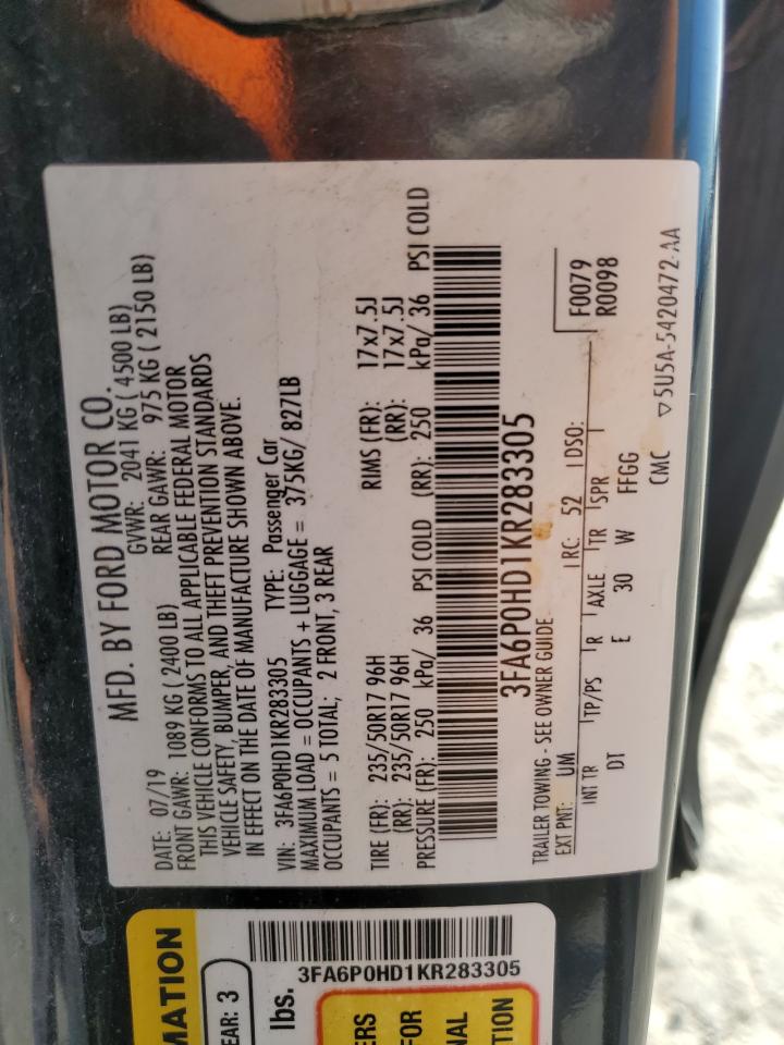 2019 Ford Fusion Se VIN: 3FA6P0HD1KR283305 Lot: 84910605