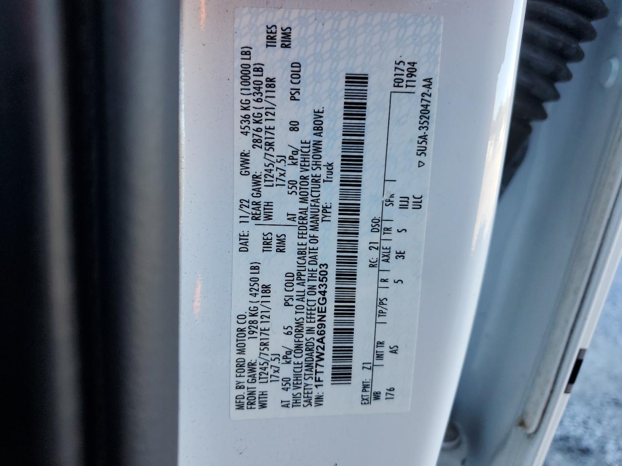 2022 Ford F250 Super Duty VIN: 1FT7W2A69NEG43503 Lot: 90781365