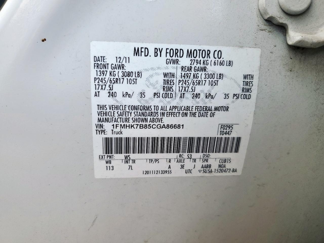 2012 Ford Explorer VIN: 1FMHK7B85CGA86681 Lot: 89714355