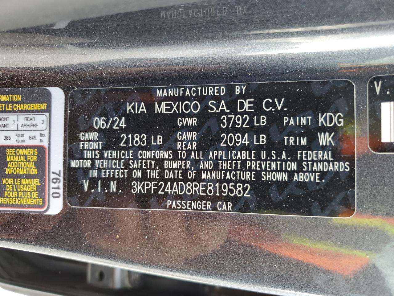 2024 Kia Forte Lx VIN: 3KPF24AD8RE819582 Lot: 87096245