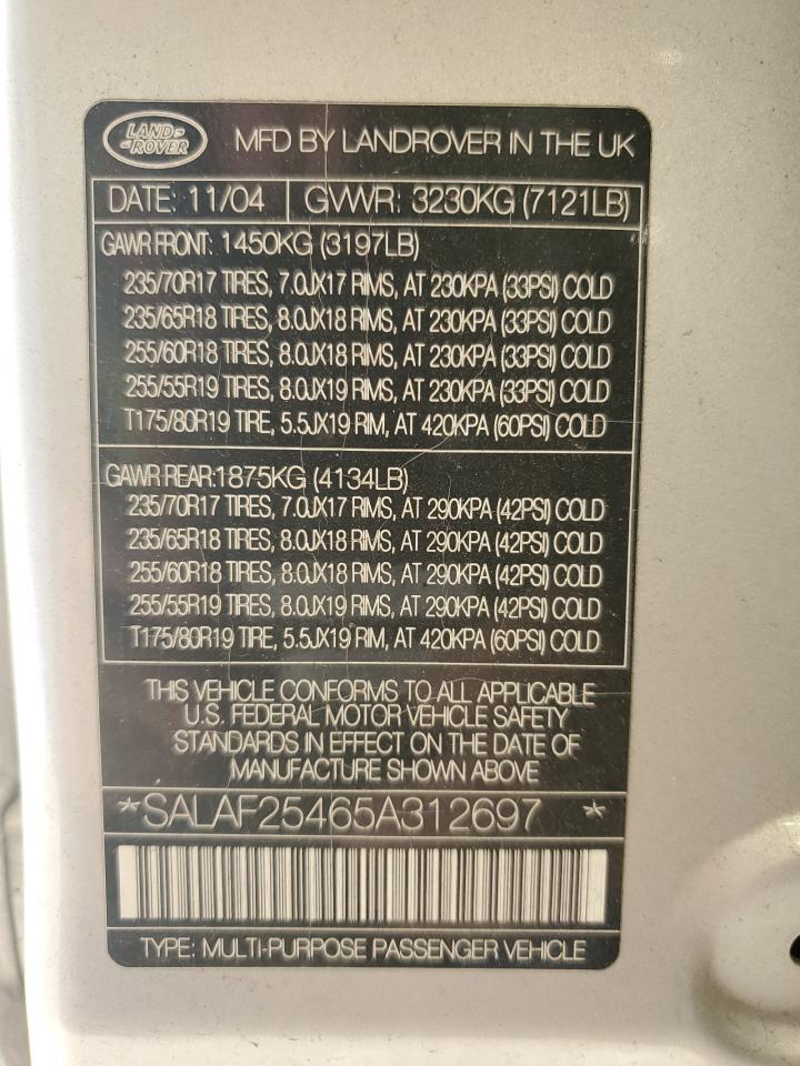 2005 Land Rover Lr3 Hse VIN: SALAF25465A312697 Lot: 90041765