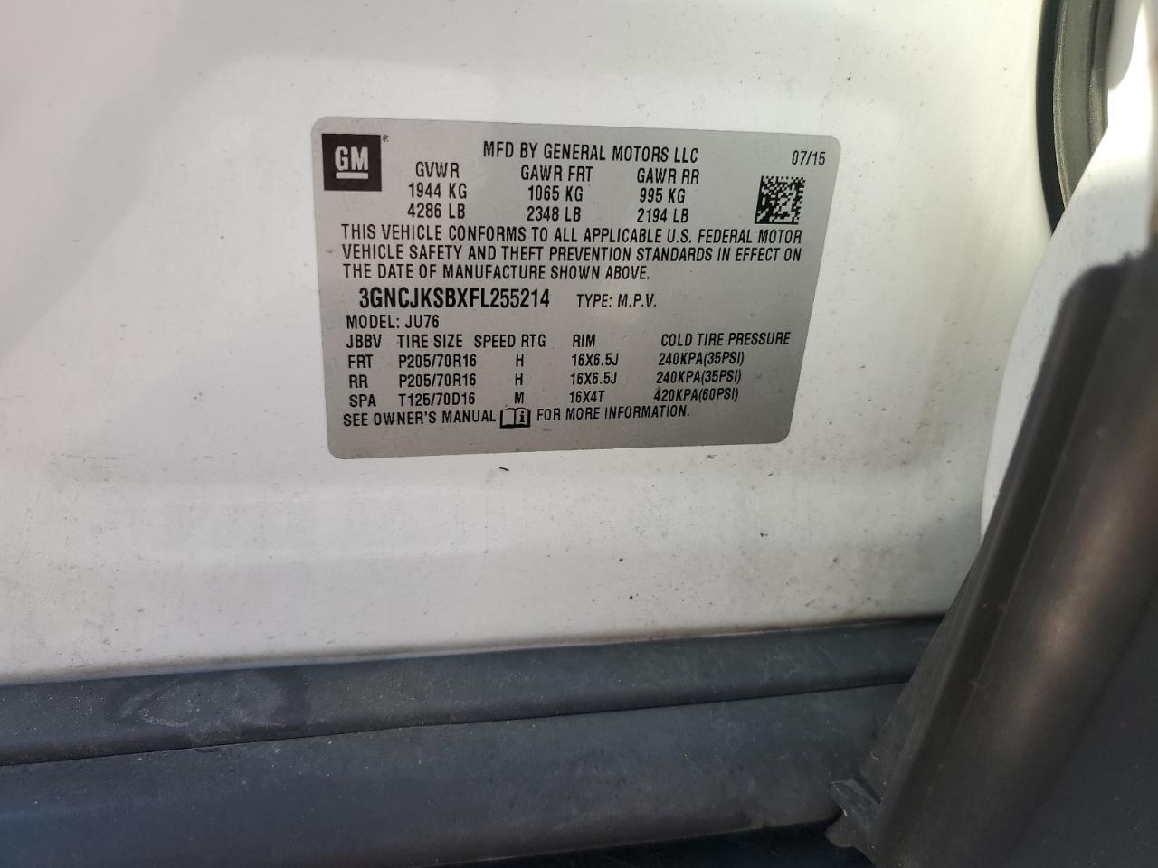 2015 Chevrolet Trax Ls VIN: 3GNCJKSBXFL255214 Lot: 85278395