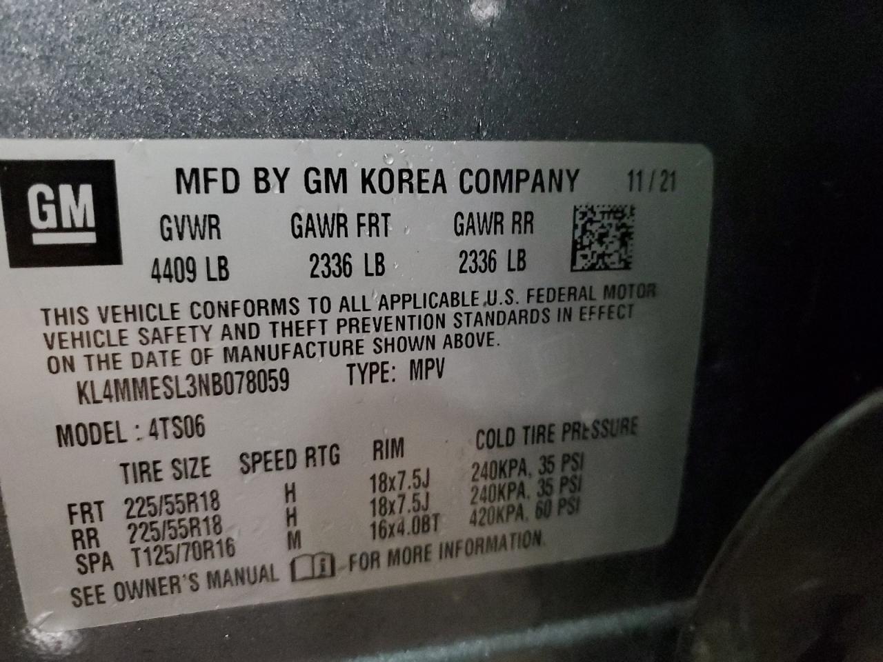 2022 Buick Encore Gx Select VIN: KL4MMESL3NB078059 Lot: 90125255