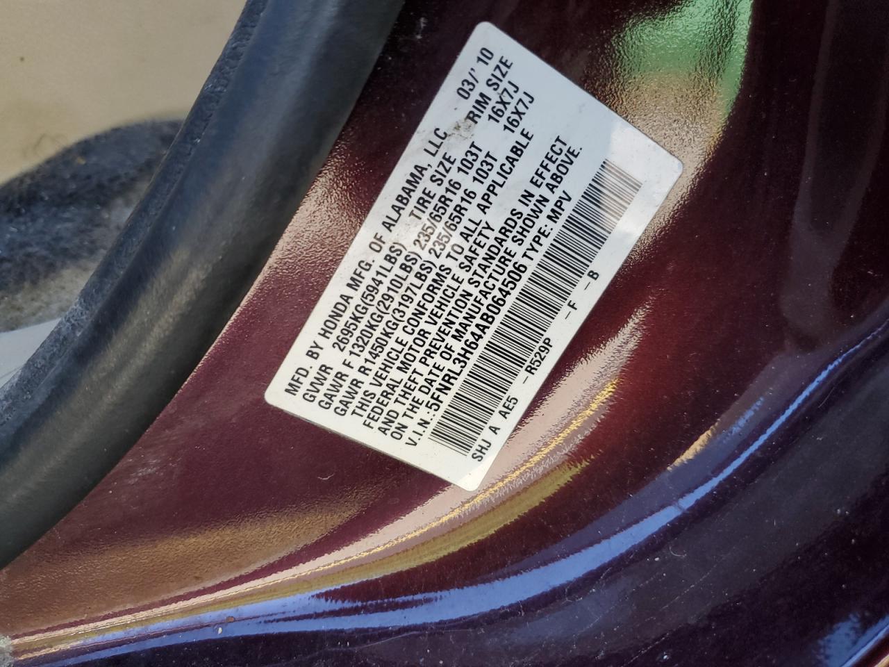 2010 Honda Odyssey Exl VIN: 5FNRL3H64AB064506 Lot: 84001485
