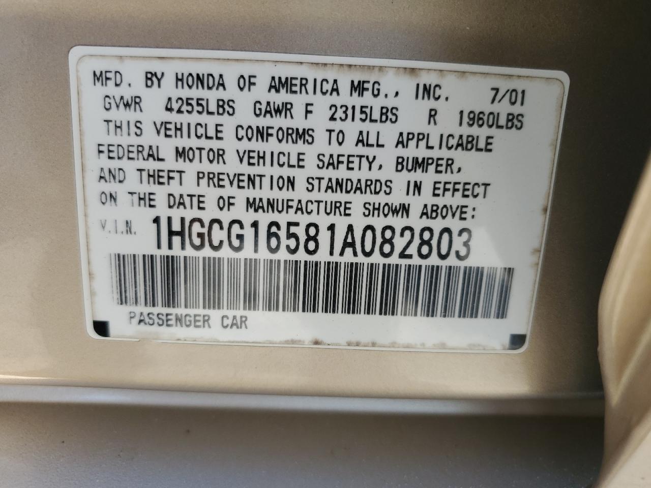 2001 Honda Accord Ex VIN: 1HGCG16581A082803 Lot: 85073345