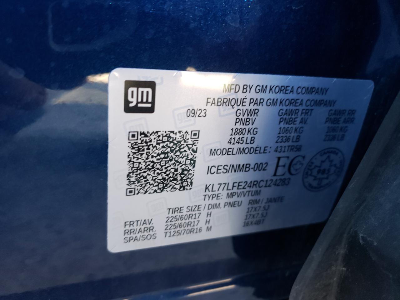 2024 Chevrolet Trax Ls VIN: KL77LFE24RC124283 Lot: 90315655