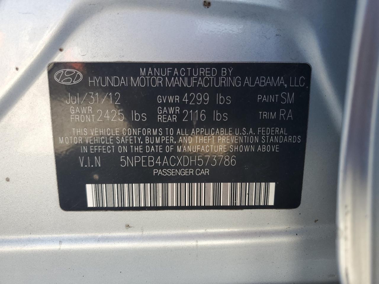 2013 Hyundai Sonata Gls VIN: 5NPEB4ACXDH573786 Lot: 82518025