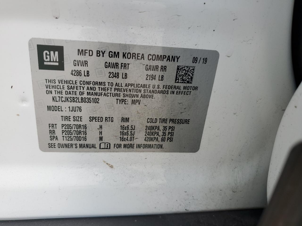 2020 Chevrolet Trax Ls VIN: KL7CJKSB2LB035102 Lot: 82625145