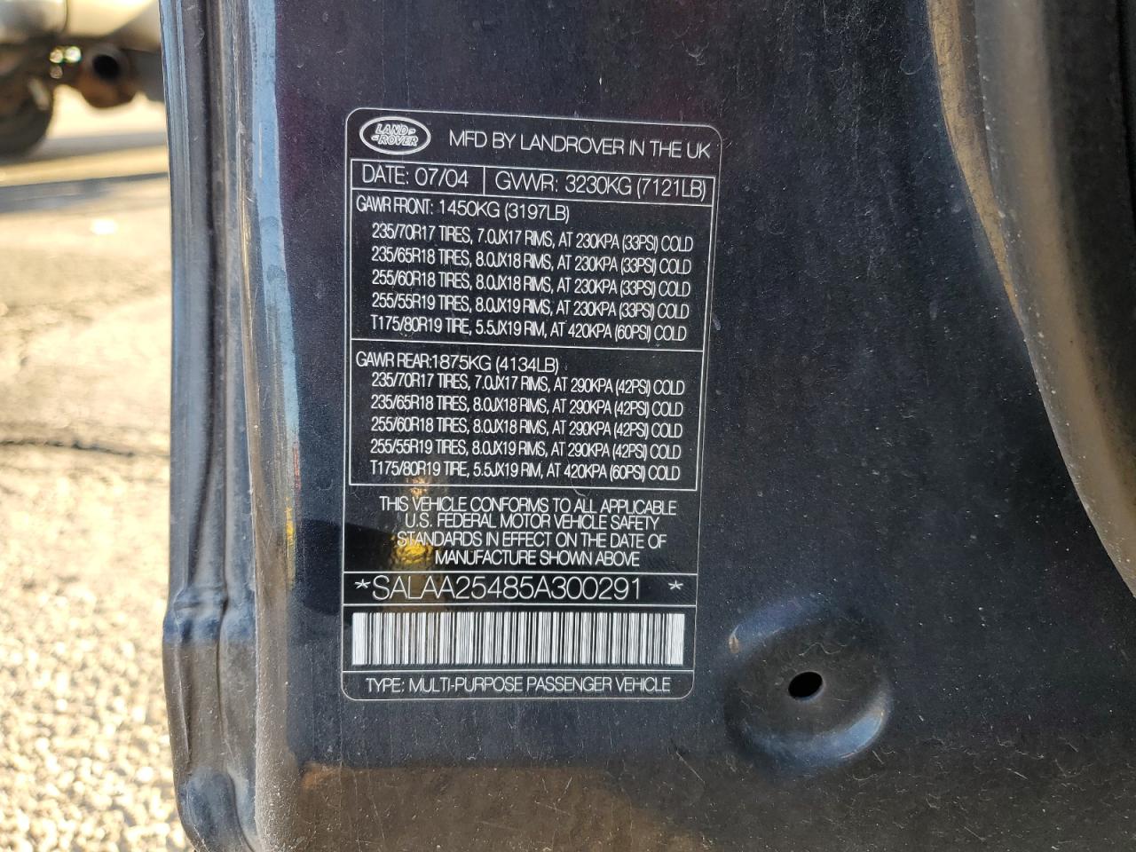 2005 Land Rover Lr3 VIN: SALAA25485A300291 Lot: 86338015