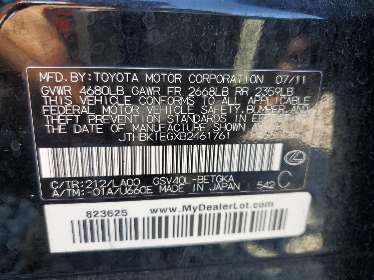 2011 Lexus Es 350 VIN: JTHBK1EGXB2461761 Lot: 86766395