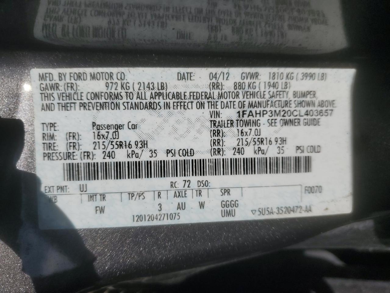 2012 Ford Focus Sel VIN: 1FAHP3M20CL403657 Lot: 85376815