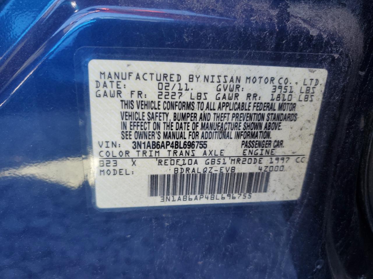 2011 Nissan Sentra 2.0 VIN: 3N1AB6AP4BL696755 Lot: 85348745