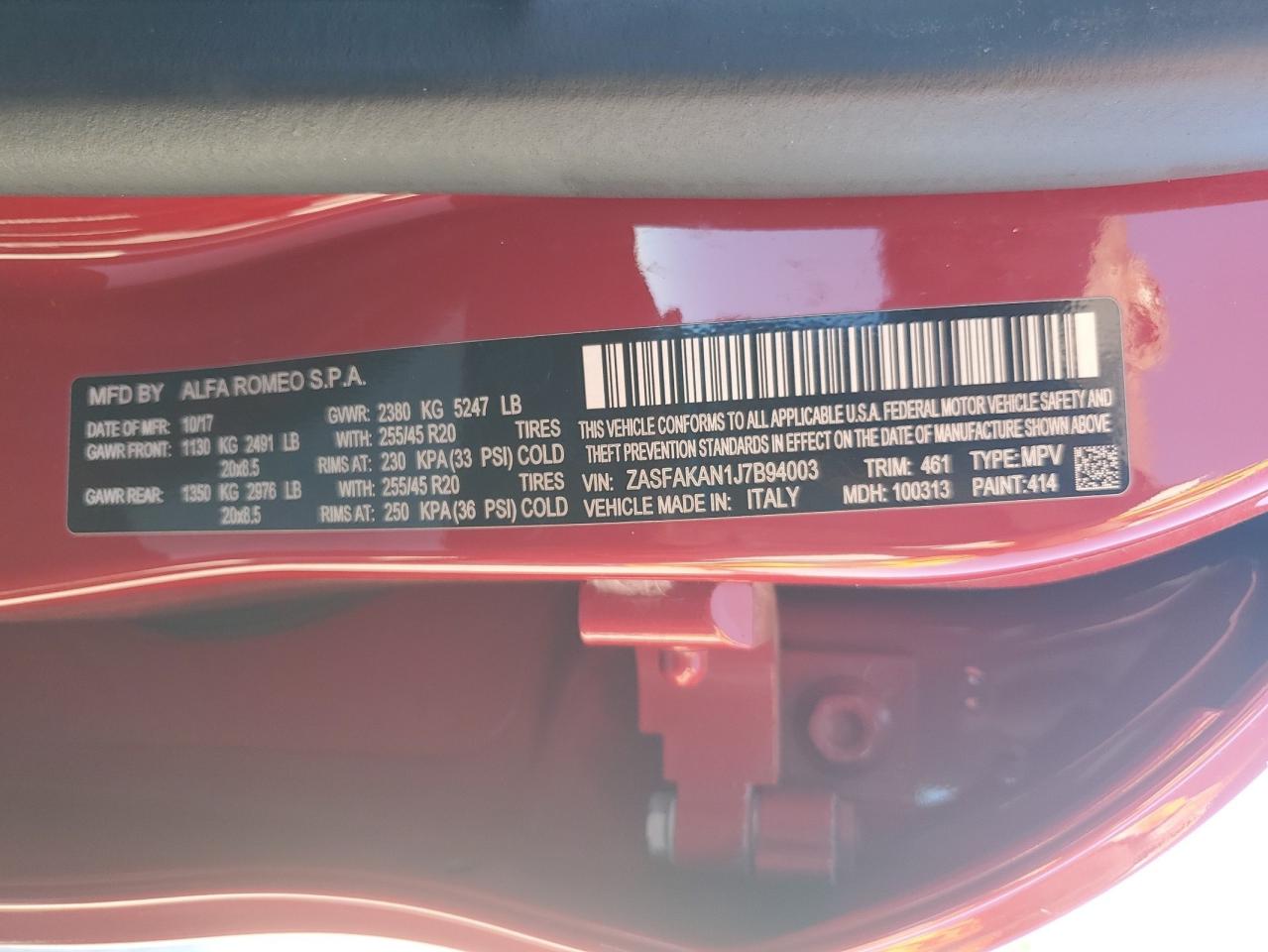 2018 Alfa Romeo Stelvio VIN: ZASFAKAN1J7B94003 Lot: 86476565