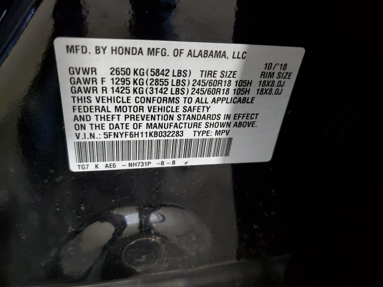 2019 Honda Pilot Lx VIN: 5FNYF6H11KB032283 Lot: 84741055