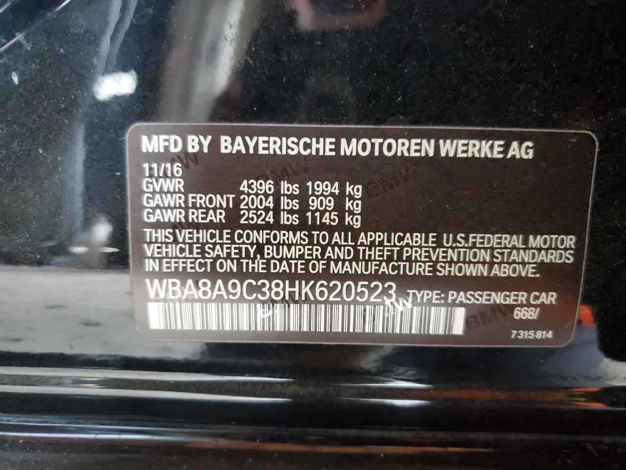 2017 BMW 320 I VIN: WBA8A9C38HK620523 Lot: 85203835
