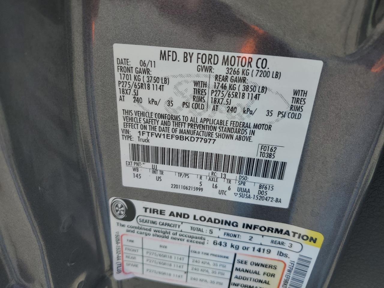 2011 Ford F150 Supercrew VIN: 1FTFW1EF9BKD77977 Lot: 84791985