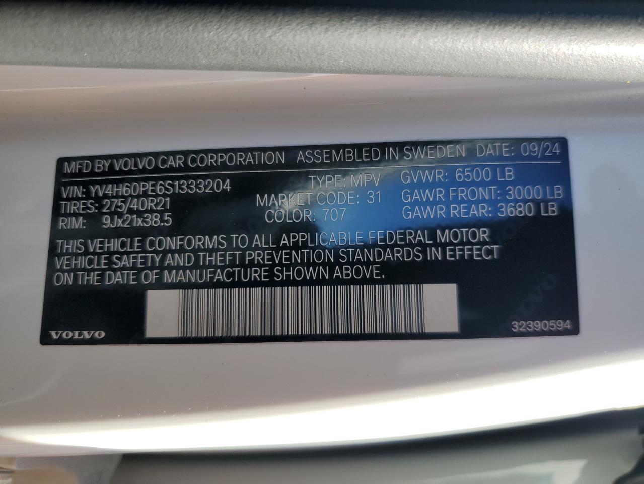 2025 Volvo Xc90 Plus VIN: YV4H60PE6S1333204 Lot: 84462805