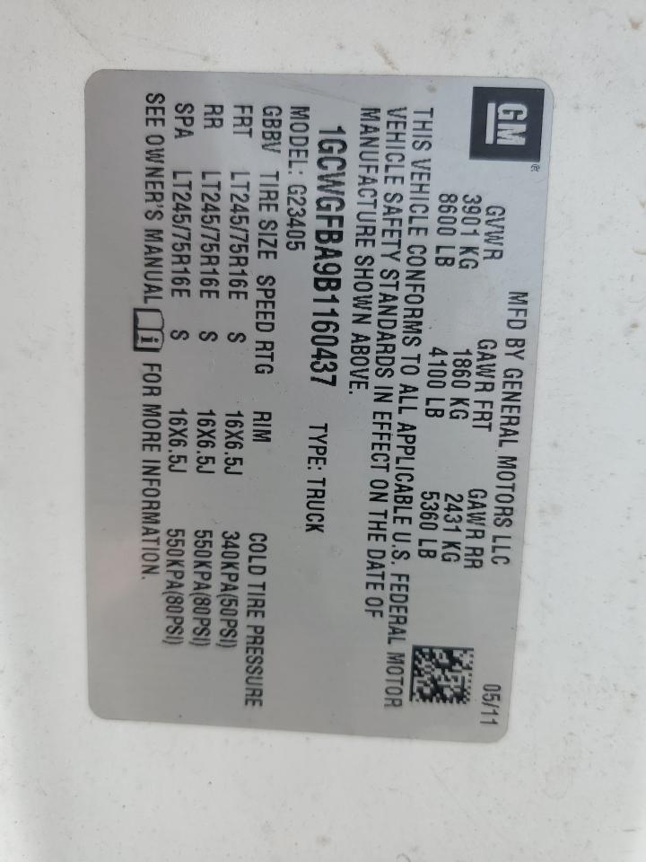 2011 Chevrolet Express G2500 VIN: 1GCWGFBA9B1160437 Lot: 82273995