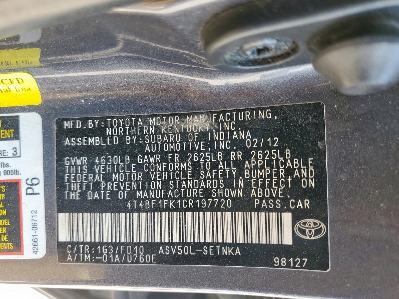 2012 Toyota Camry Base VIN: 4T4BF1FK1CR197720 Lot: 84947945