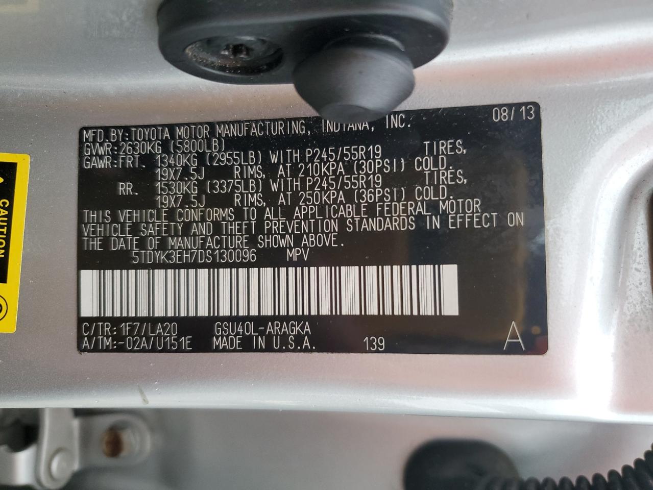 2013 Toyota Highlander Limited VIN: 5TDYK3EH7DS130096 Lot: 84962125