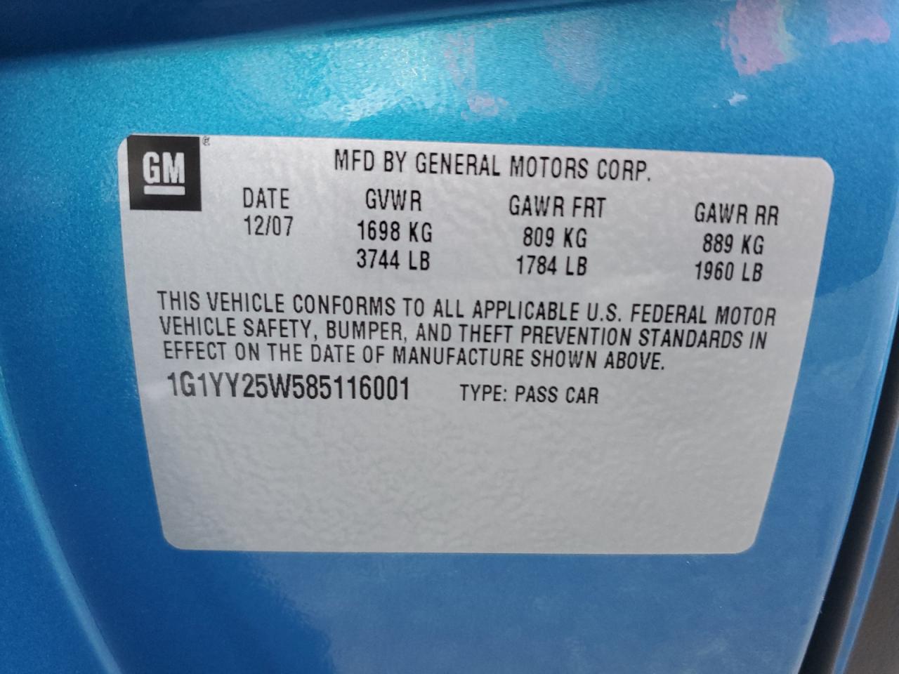 2008 Chevrolet Corvette VIN: 1G1YY25W585116001 Lot: 82504135