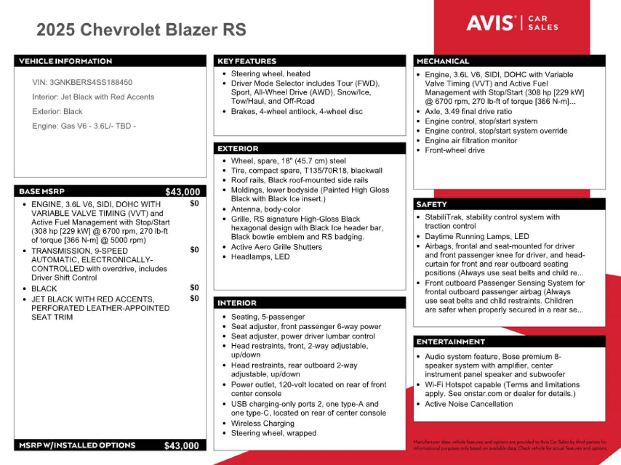 2025 Chevrolet Blazer Rs VIN: 3GNKBERS4SS188450 Lot: 85719315