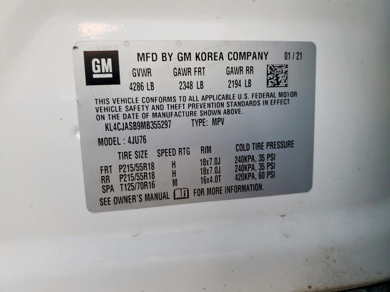 2021 Buick Encore Preferred VIN: KL4CJASB9MB355297 Lot: 90657725